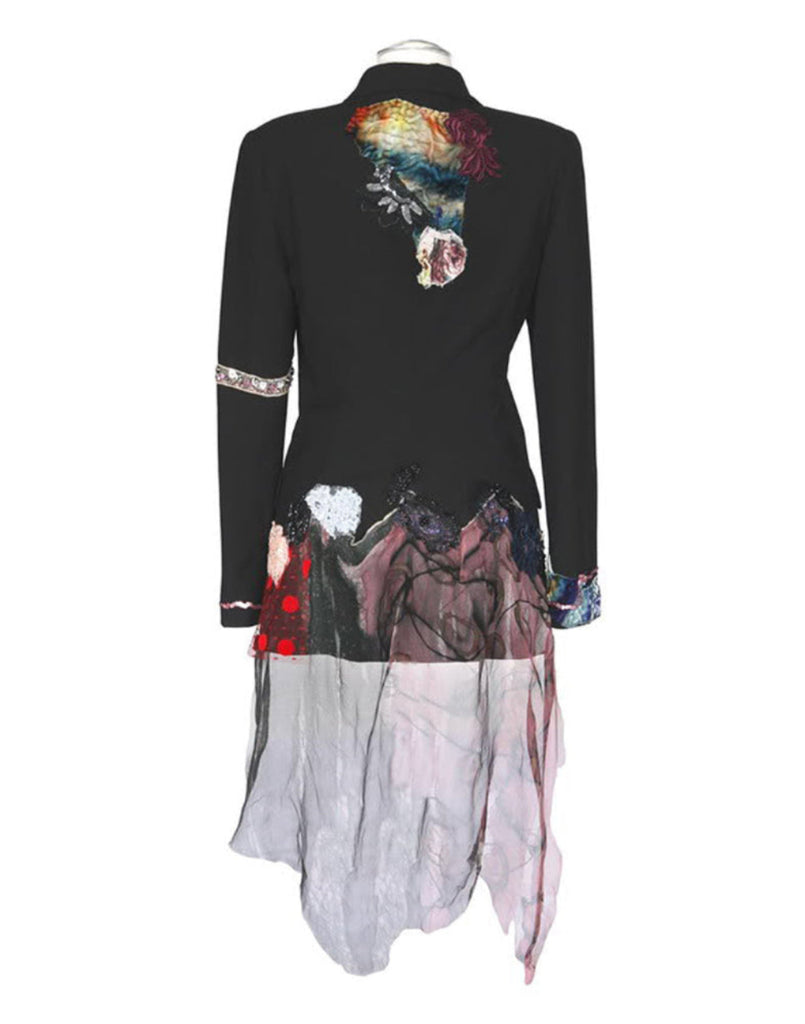 Art print of a one-of-a-kind jacket titled Daphene Jacket, designed by Sara Palacios with sheer chiffon, floral embellishments, and textile layering.