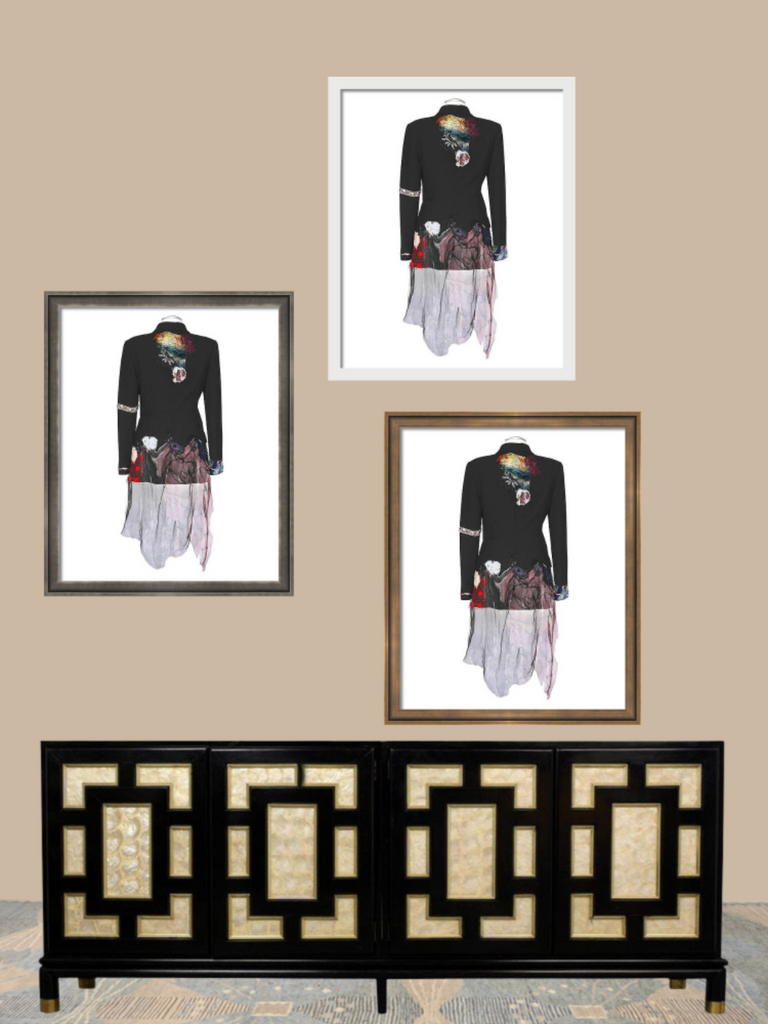 Framed outfits on a wall with a decorative black and gold cabinet below.