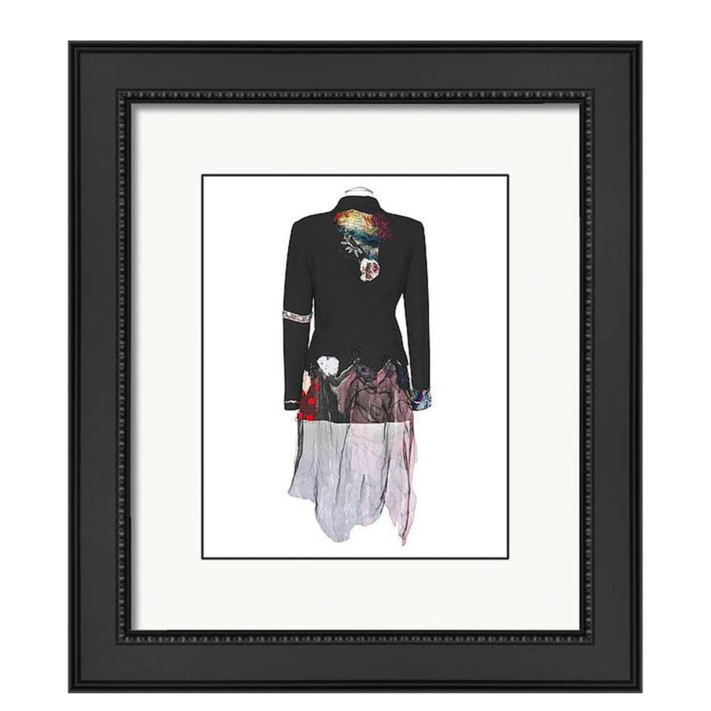 Art print of a one-of-a-kind jacket titled Daphene Jacket, designed by Sara Palacios with sheer chiffon, floral embellishments, and textile layering.