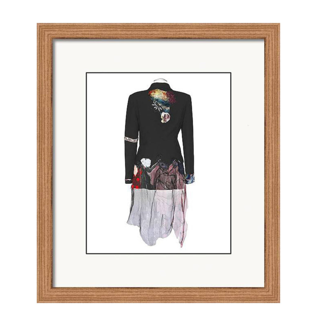 Art print of a one-of-a-kind jacket titled Daphene Jacket, designed by Sara Palacios with sheer chiffon, floral embellishments, and textile layering.