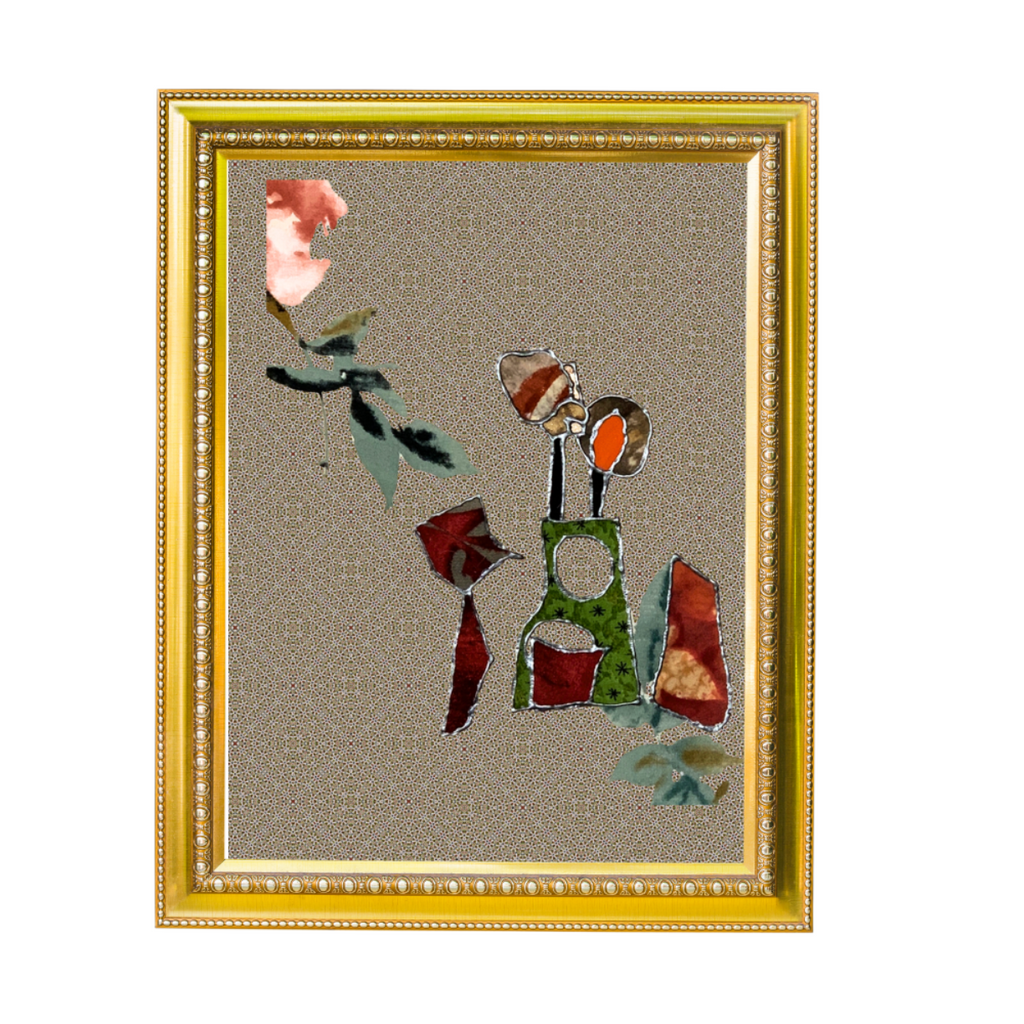 Abstract artwork with colorful elements on a textured background, framed in gold.