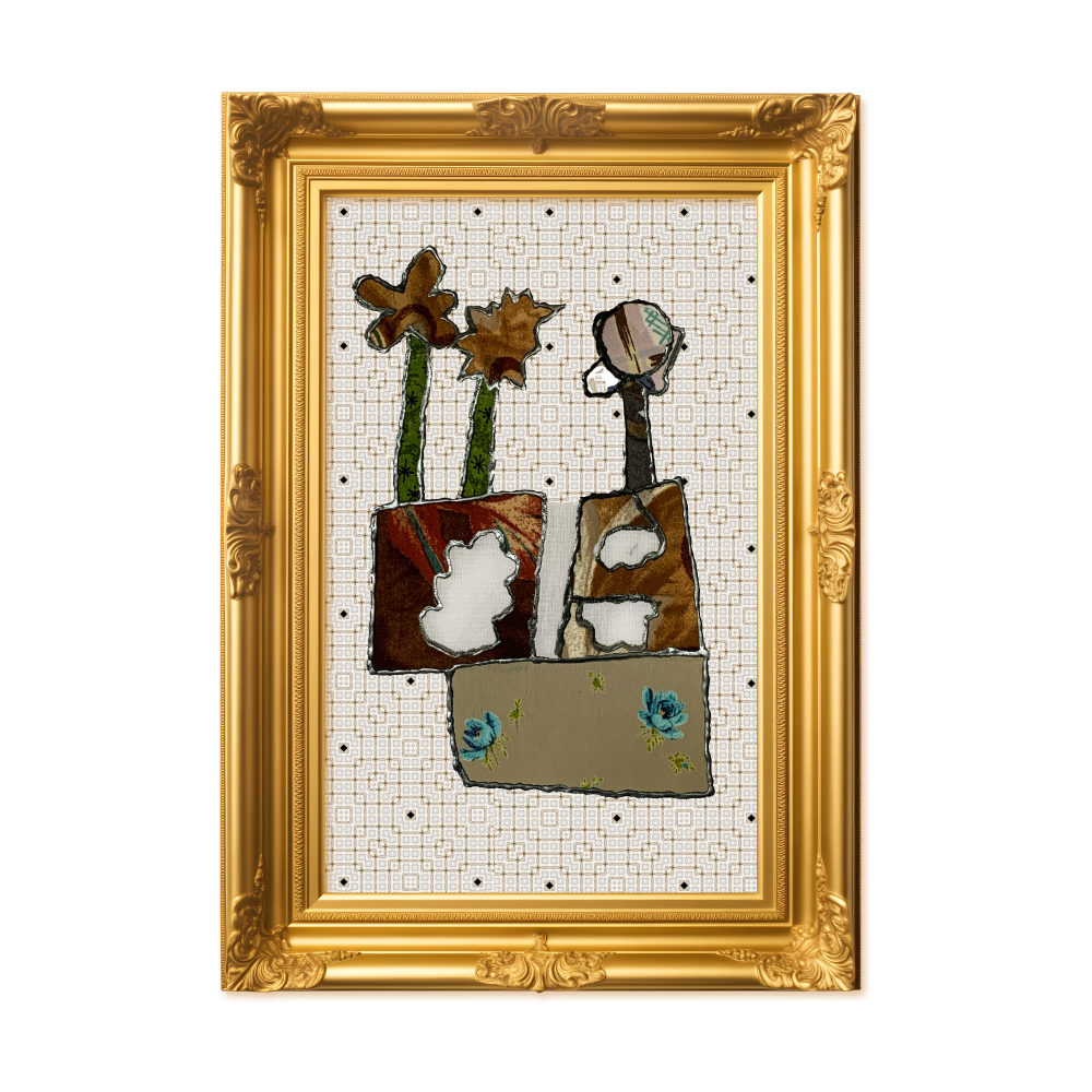 Decorative wall art with flowers and abstract elements in a gold frame on a white background