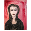 Expressionist portrait of a woman named Mirabel with intense eyes and dark clothing, set against red-pink abstract background. From the She in Red collection.