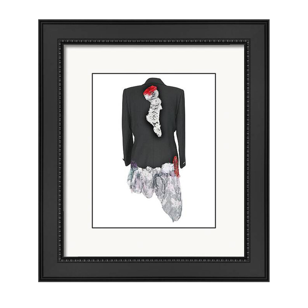 Art print of a couture jacket titled Elena Jacket, created by Sara Palacios with red lace, floral white appliqué, and flowing marbled sheer fabric.