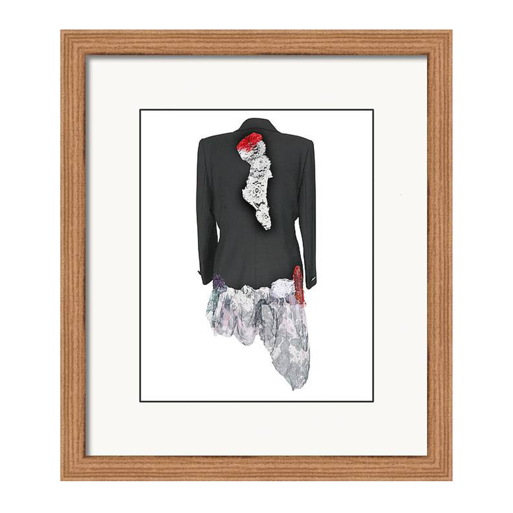 Art print of a couture jacket titled Elena Jacket, created by Sara Palacios with red lace, floral white appliqué, and flowing marbled sheer fabric.