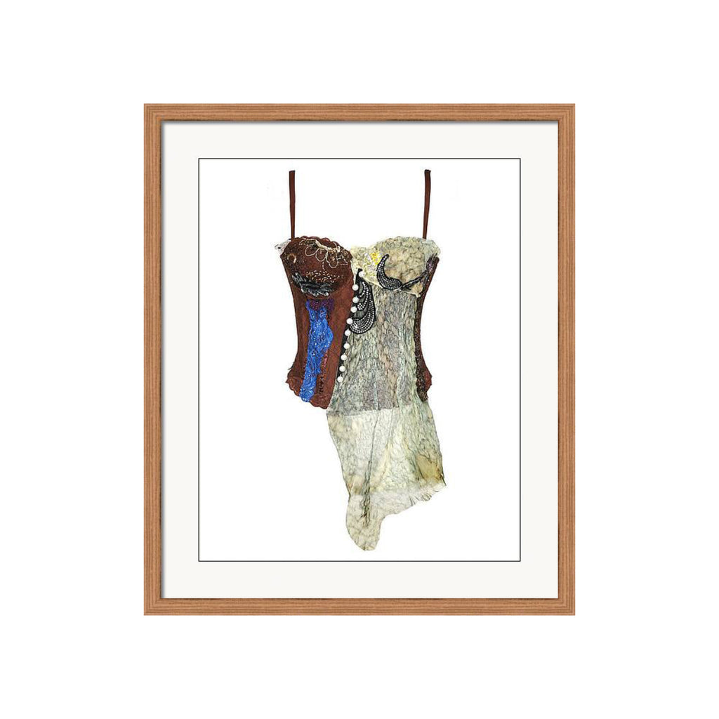 Art print of a handmade corset titled Fauna Corset, created by Sara Palacios using lace, beading, pearls, and fiber collage in earth tones.