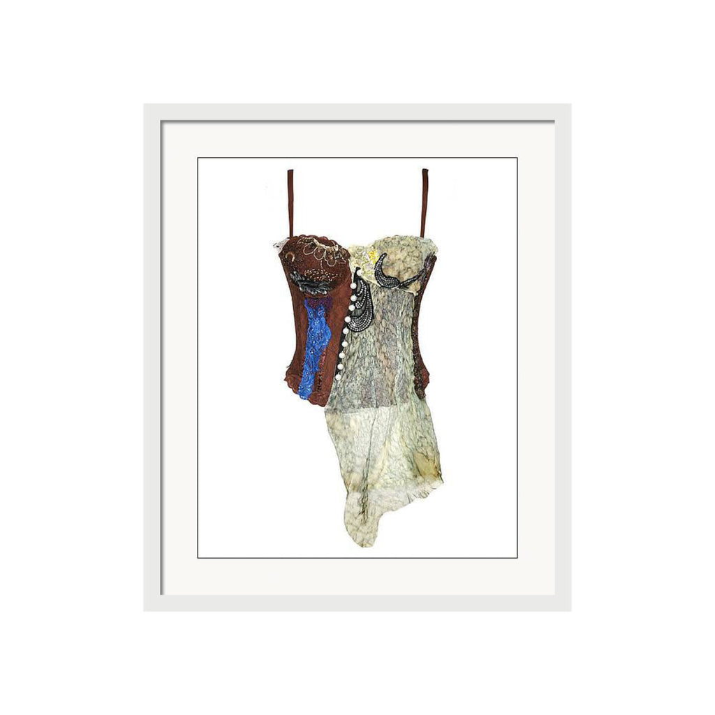 Art print of a handmade corset titled Fauna Corset, created by Sara Palacios using lace, beading, pearls, and fiber collage in earth tones.