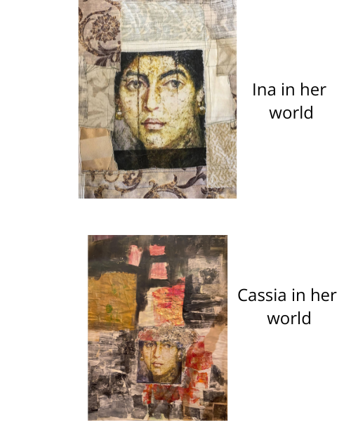 Two artistic portraits labeled 'Ina in her world' and 'Cassia in her world' on a textured background.