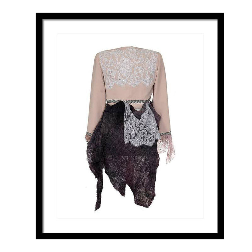 Art print of a one-of-a-kind jacket titled Fleur Jacket, designed by Sara Palacios with lace, textured fabric panels, and hand-embellished details.