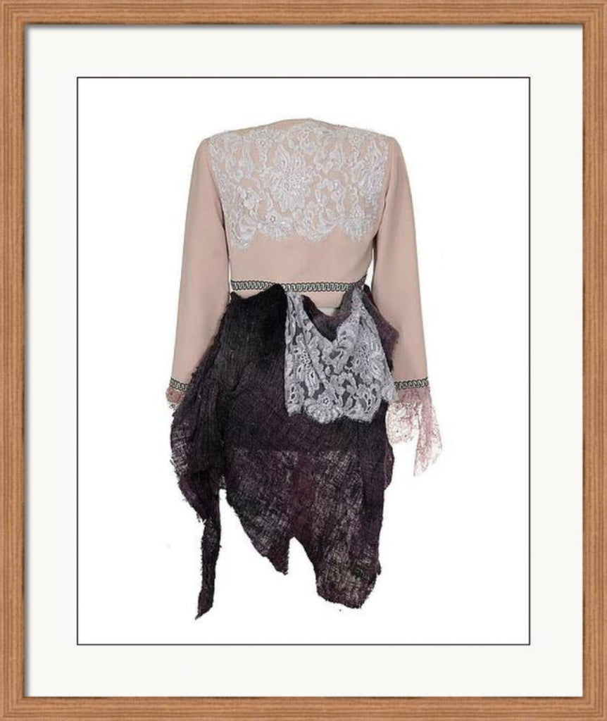 Art print of a one-of-a-kind jacket titled Fleur Jacket, designed by Sara Palacios with lace, textured fabric panels, and hand-embellished details.