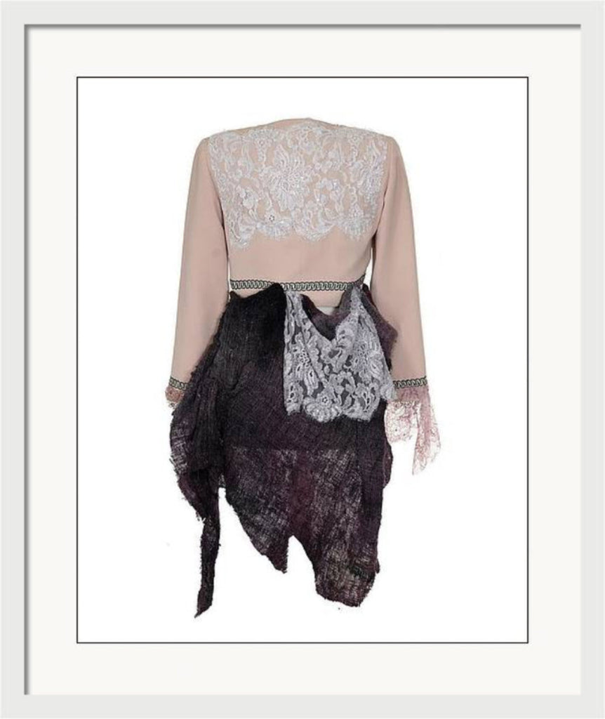 Art print of a one-of-a-kind jacket titled Fleur Jacket, designed by Sara Palacios with lace, textured fabric panels, and hand-embellished details.