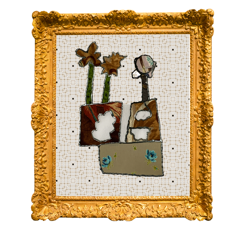 Artistic depiction of flowers and abstract shapes in a decorative gold frame.