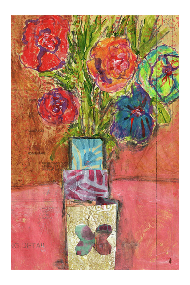 Colorful floral arrangement in a vase on a textured pink background