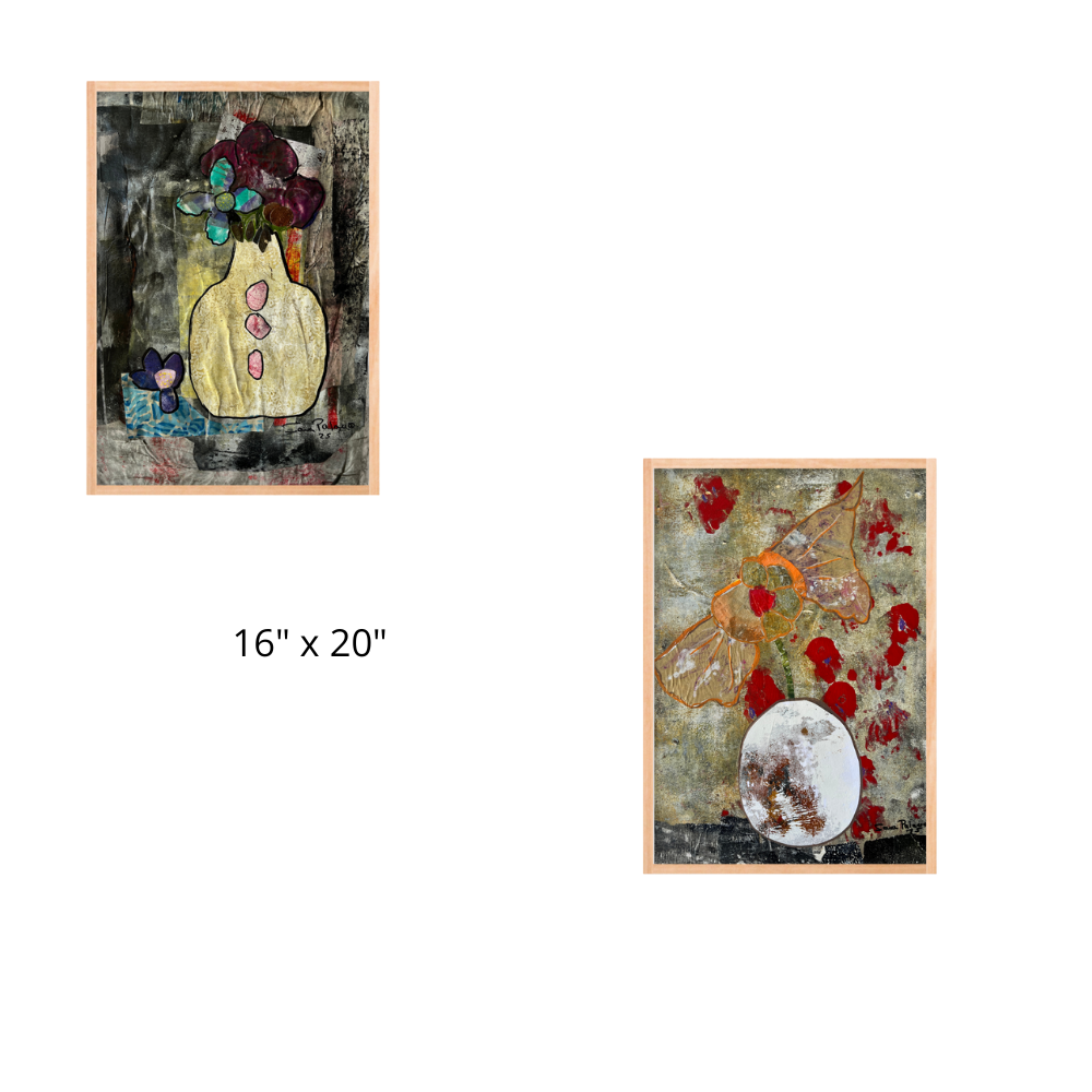 Two abstract artworks with floral elements on a white background, one labeled '16" x 20"'.