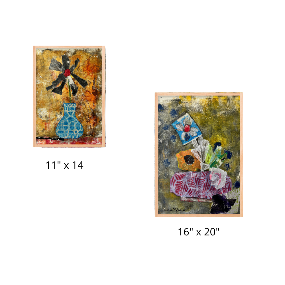 Two abstract artworks with dimensions indicated on a white background