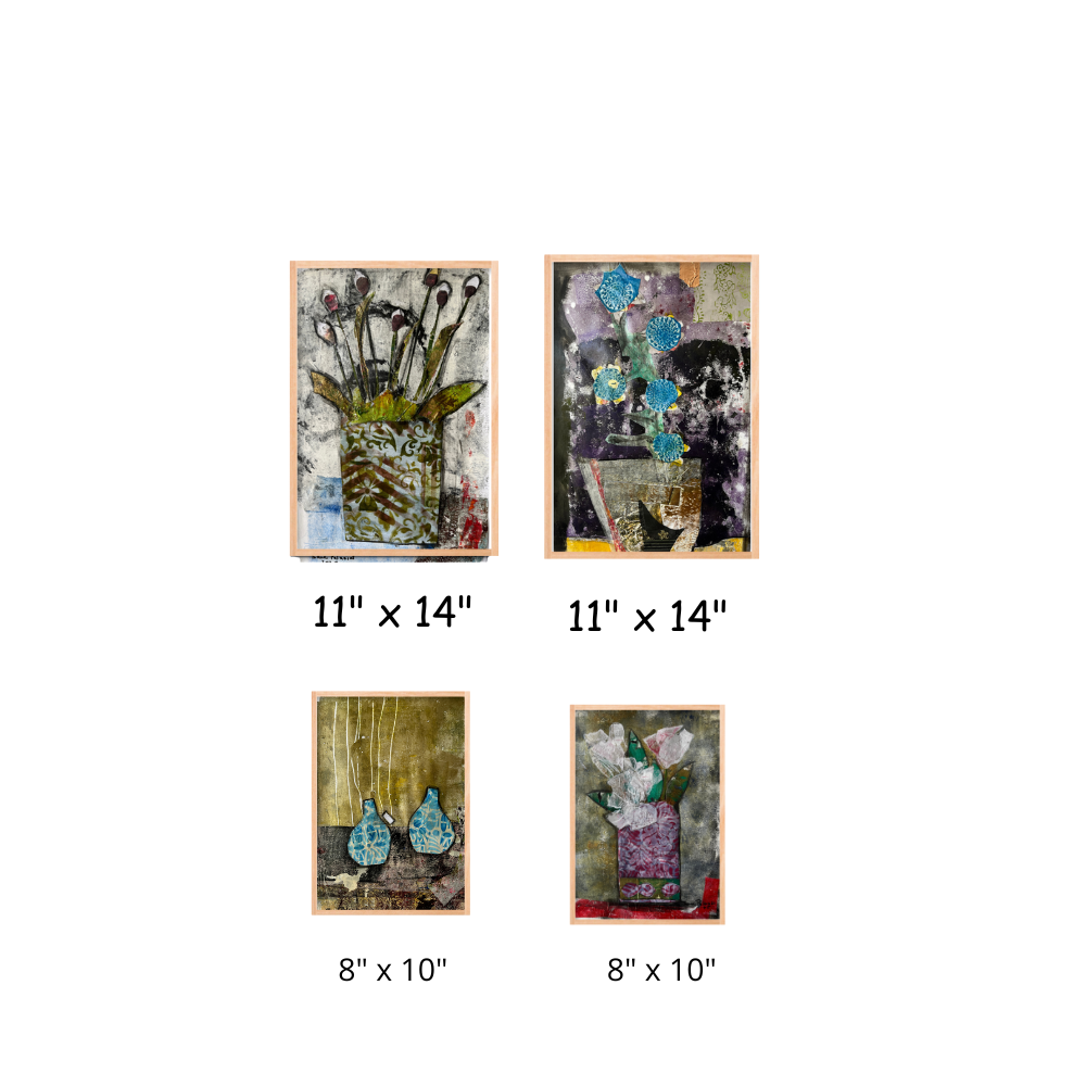 Four framed artworks with dimensions indicated below each.
