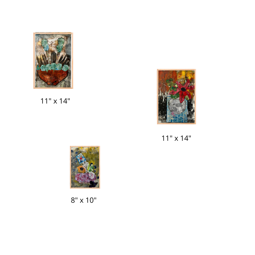 Three framed artworks with dimensions displayed on a white background