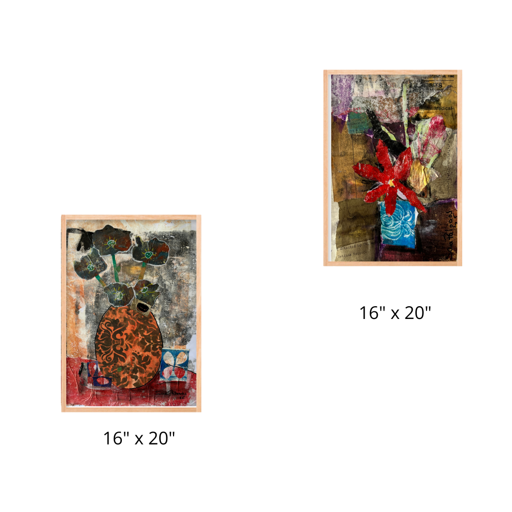 Two framed artworks with dimensions displayed on a white background