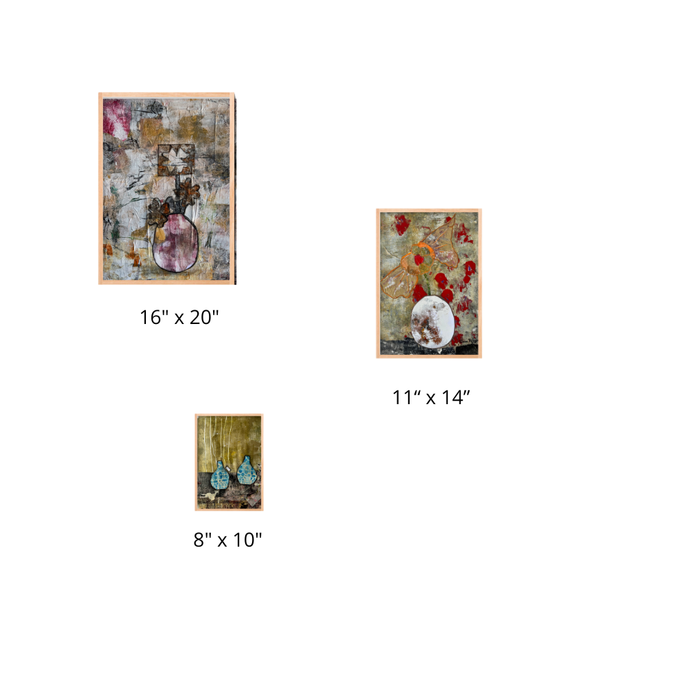 Four framed artworks with dimensions displayed on a white background