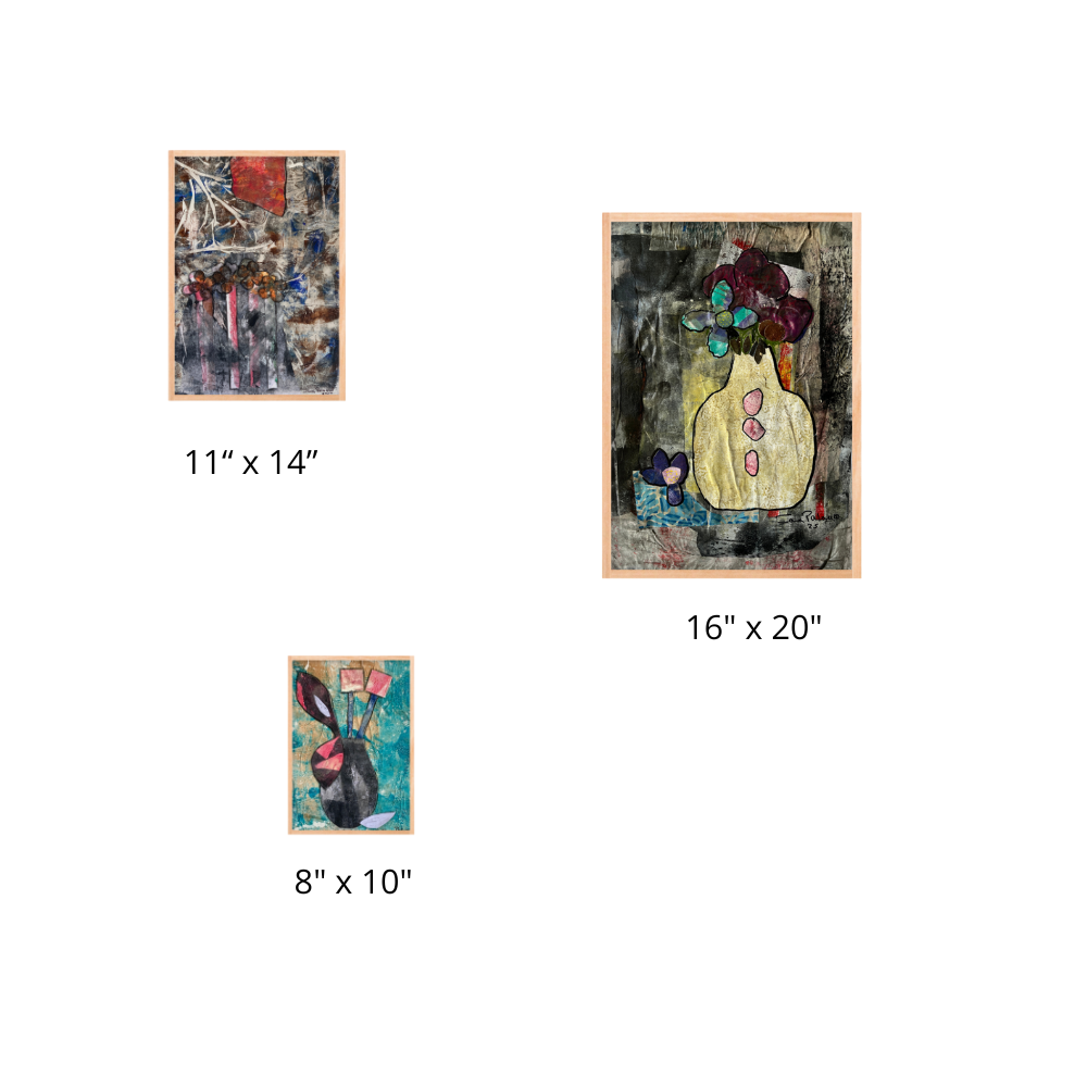 Four abstract art prints of different sizes on a white background