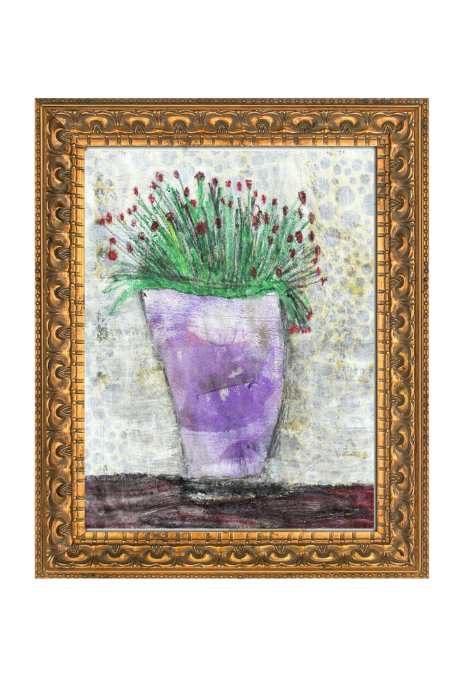 Framed artwork of a purple vase with green plant against a textured background