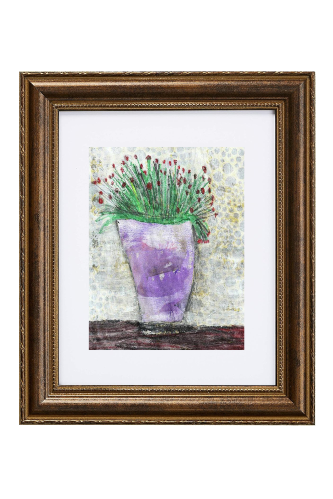 Framed artwork of a purple vase with greenery on a white background