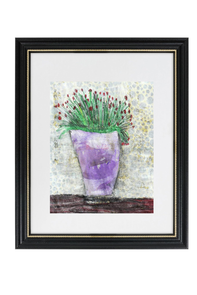 Framed artwork of a purple vase with greenery on a white background
