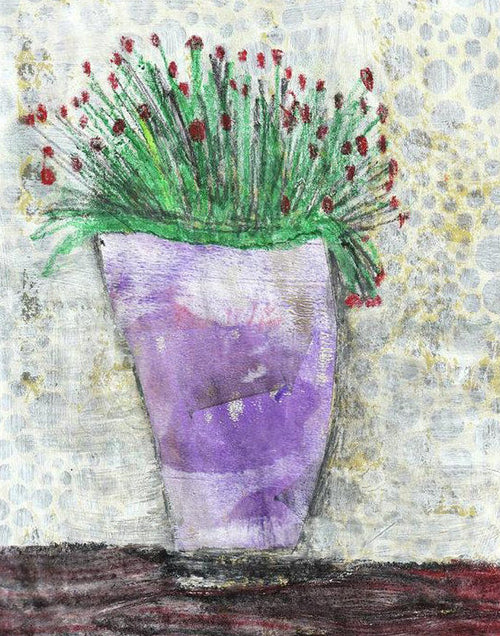 Artistic depiction of a purple vase with green plant and red flowers on a textured background
