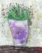 Artistic depiction of a purple vase with green plant and red flowers on a textured background