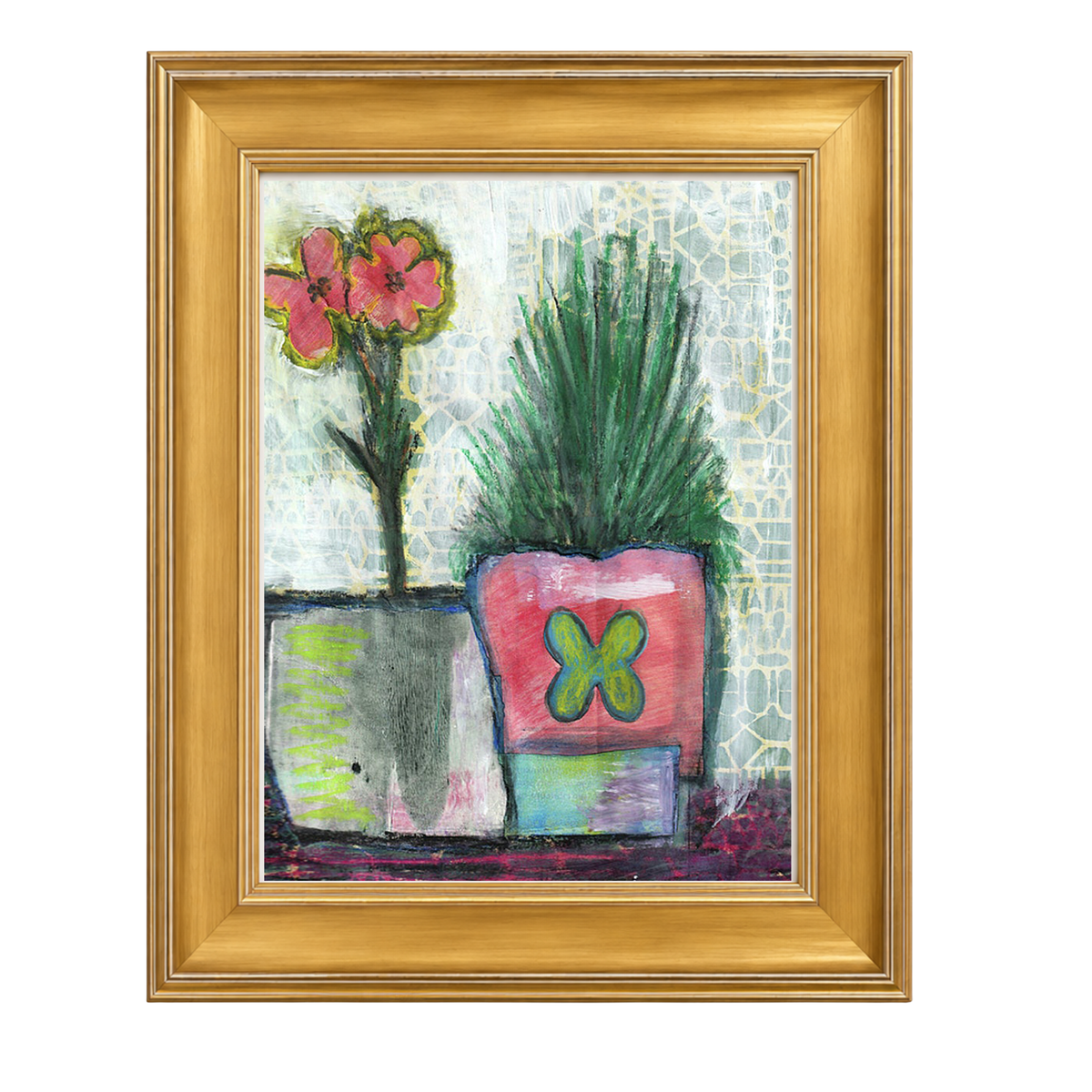 A framed painting depicting two potted plants, one with pink flowers and one with green grass, in colorful pots against a light patterned background, housed in a gold frame.