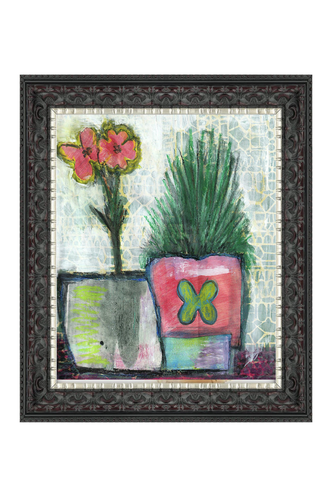 Framed artwork of potted plants with colorful pots on a white background