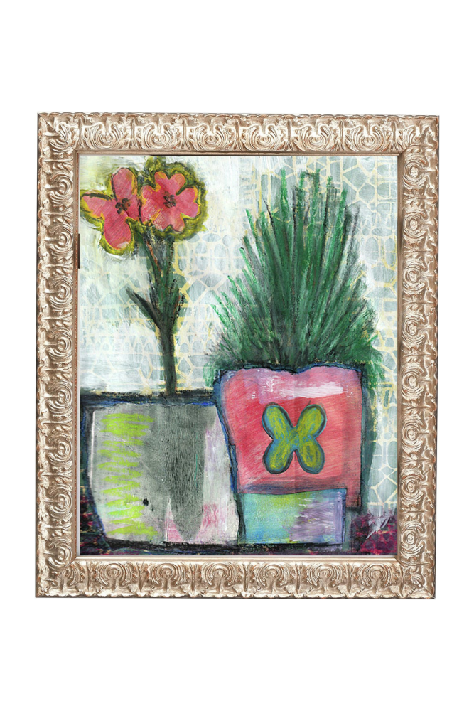 Framed artwork of potted plants with colorful pots on a white background