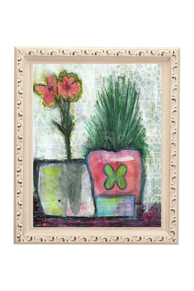 Framed artwork of potted plants with a decorative frame
