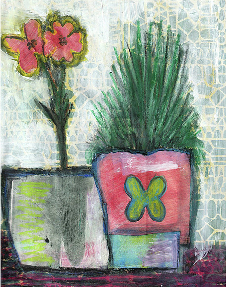Mixed media collage titled Harvest Moon by Sara Palacios. The artwork features two potted plants—one with red flowers, the other with spiky green foliage—set against a pale geometric background. Textured layers, bright colors, and symbolic butterfly shapes give the piece a whimsical, organic feel.
