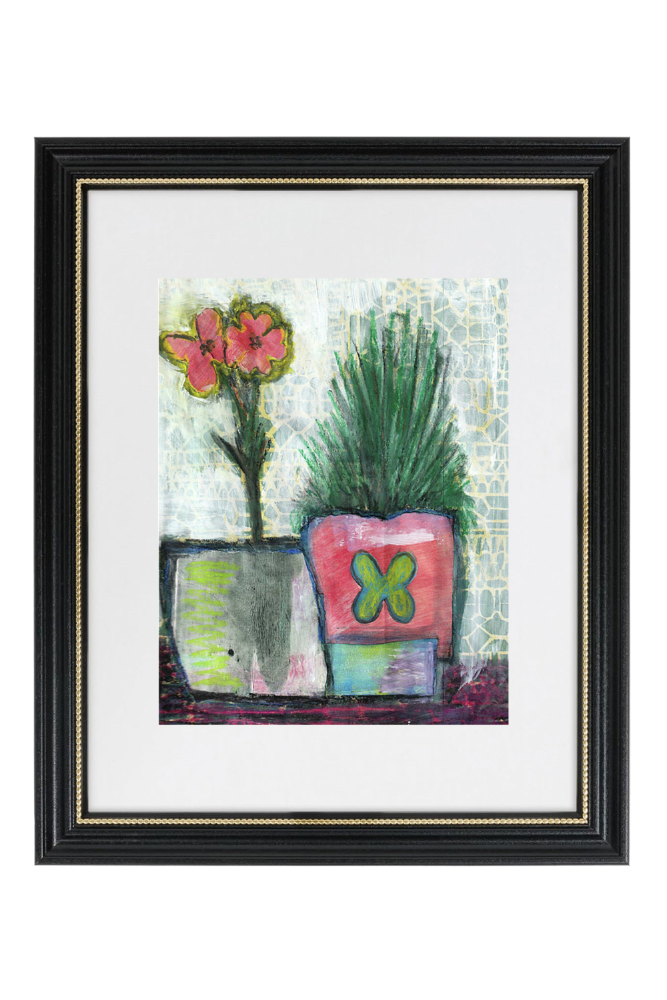 Framed artwork of colorful potted plants on a white background