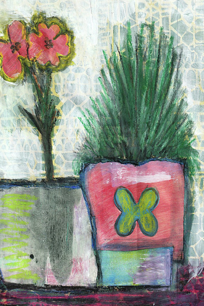 Artistic depiction of potted plants with a butterfly design on a textured background