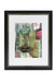 Framed artwork with a collage of objects on a white background