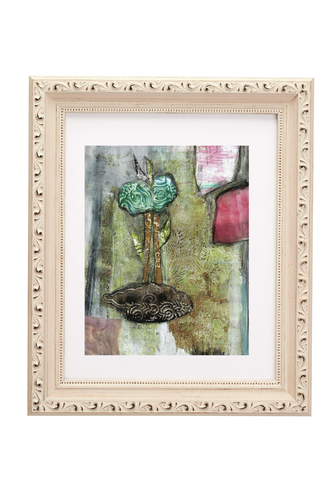 Framed artwork with decorative elements on a white background