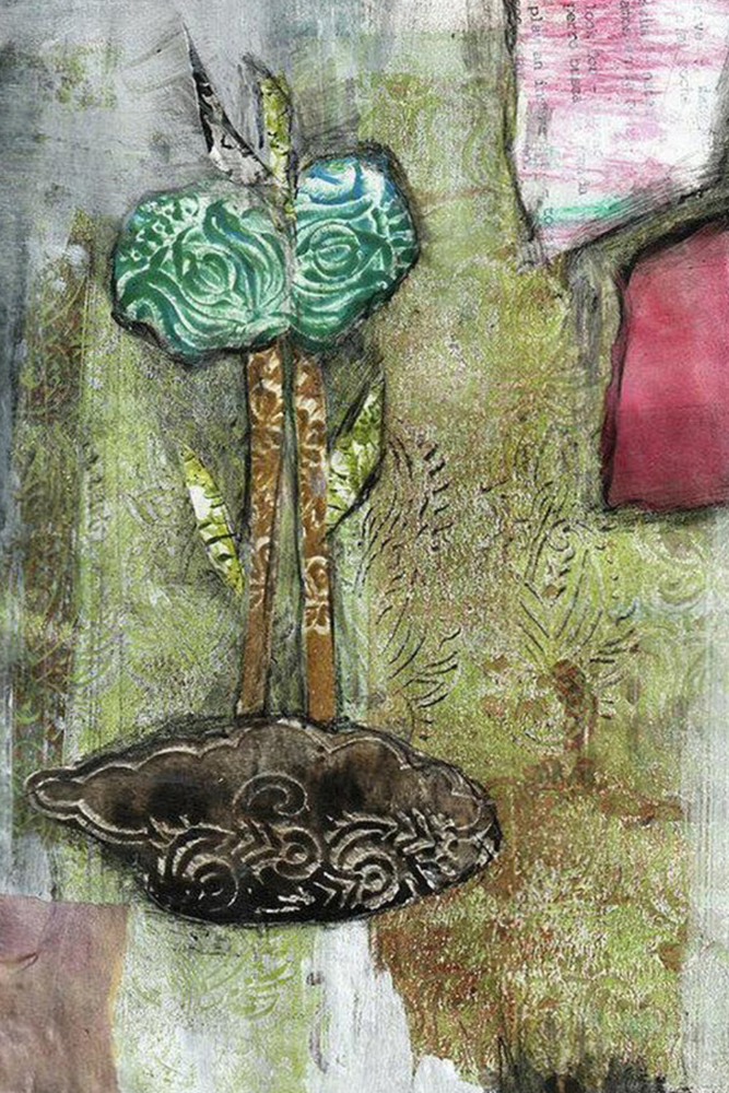 Abstract art piece with textured elements and a central green and brown object.