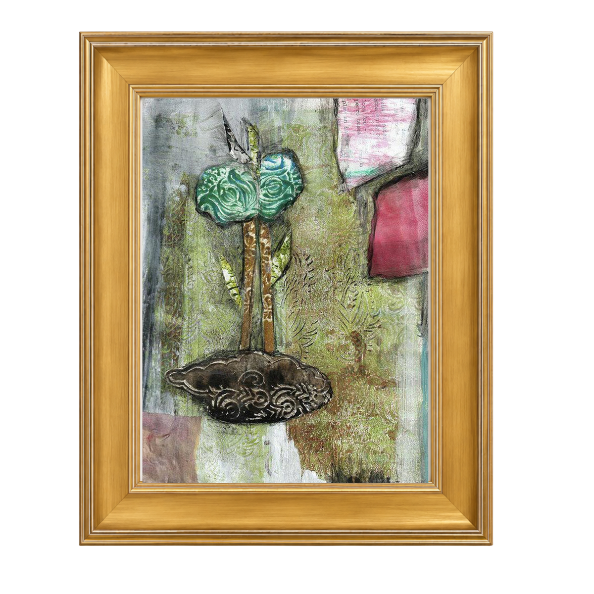 Mixed media collage titled Hay Moon by Sara Palacios. The piece features a stylized green flower with rose-like patterns, two tall stems, and layered leaves growing from a textured brown base. Surrounded by an abstract background of green, gray, and pink tones, the artwork blends organic and ornamental elements for a dreamy, earthy composition. Framed in a gold frame.