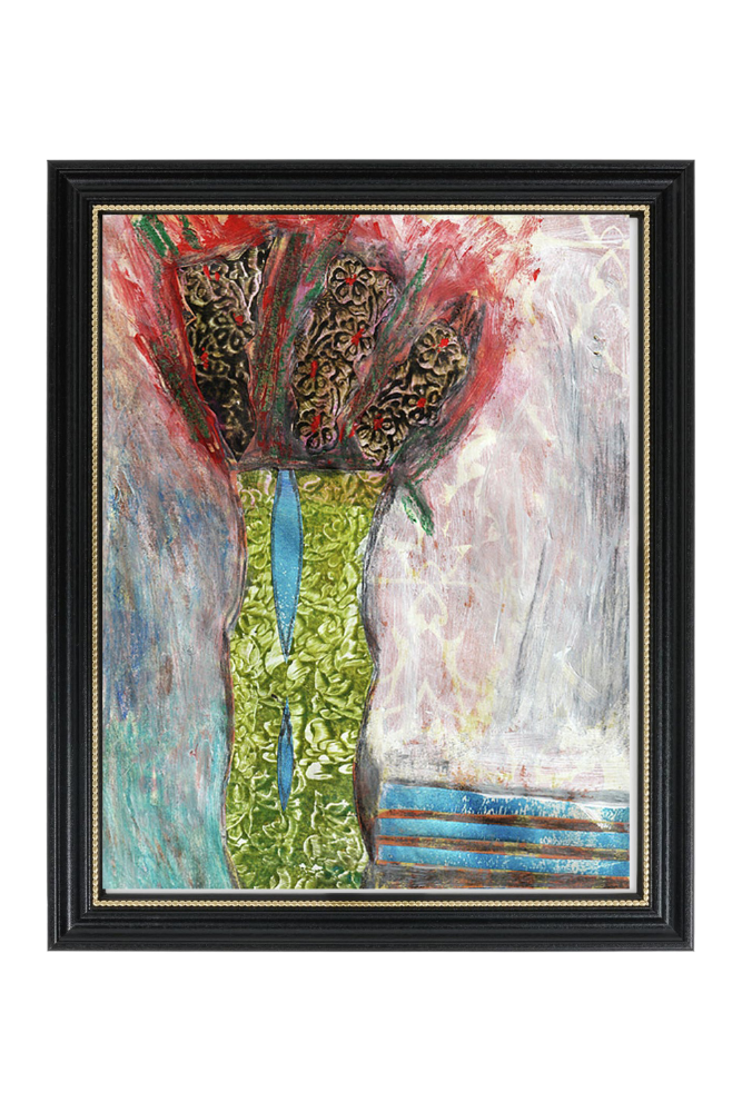Abstract painting with colorful elements in a black frame