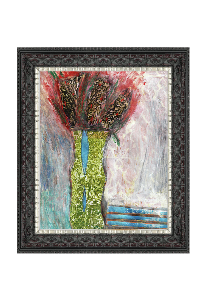 Framed abstract artwork with a vase design on a white background