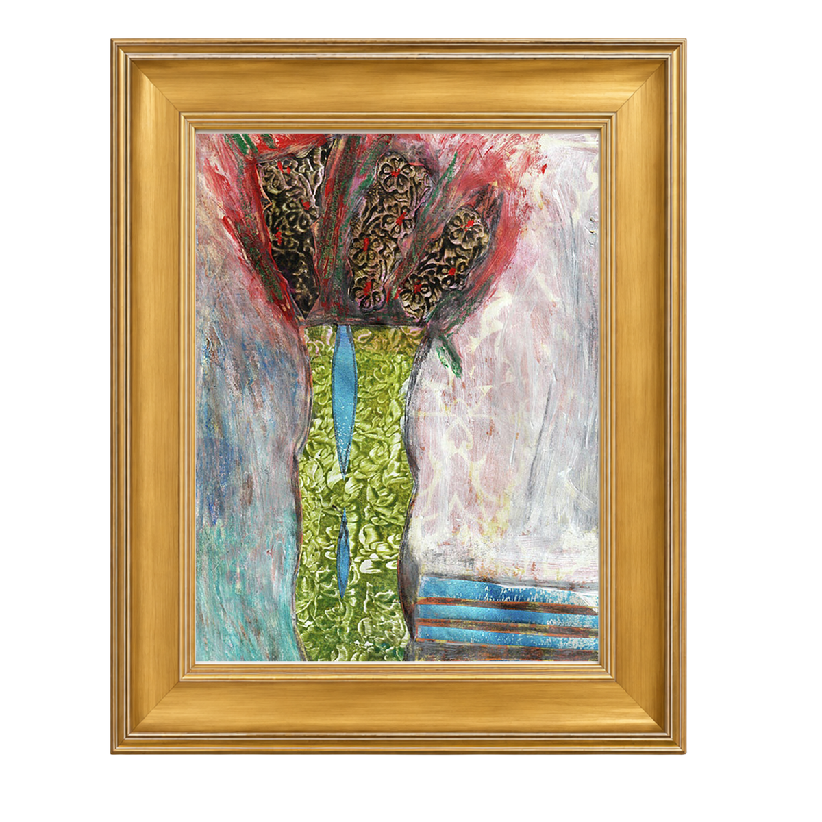 Mixed media collage titled Ice Moon by Sara Palacios, featuring a tall green vase with blue accents holding dark patterned blooms, surrounded by textured cool blue and soft pink brushstrokes. 24"x36" gold frame.