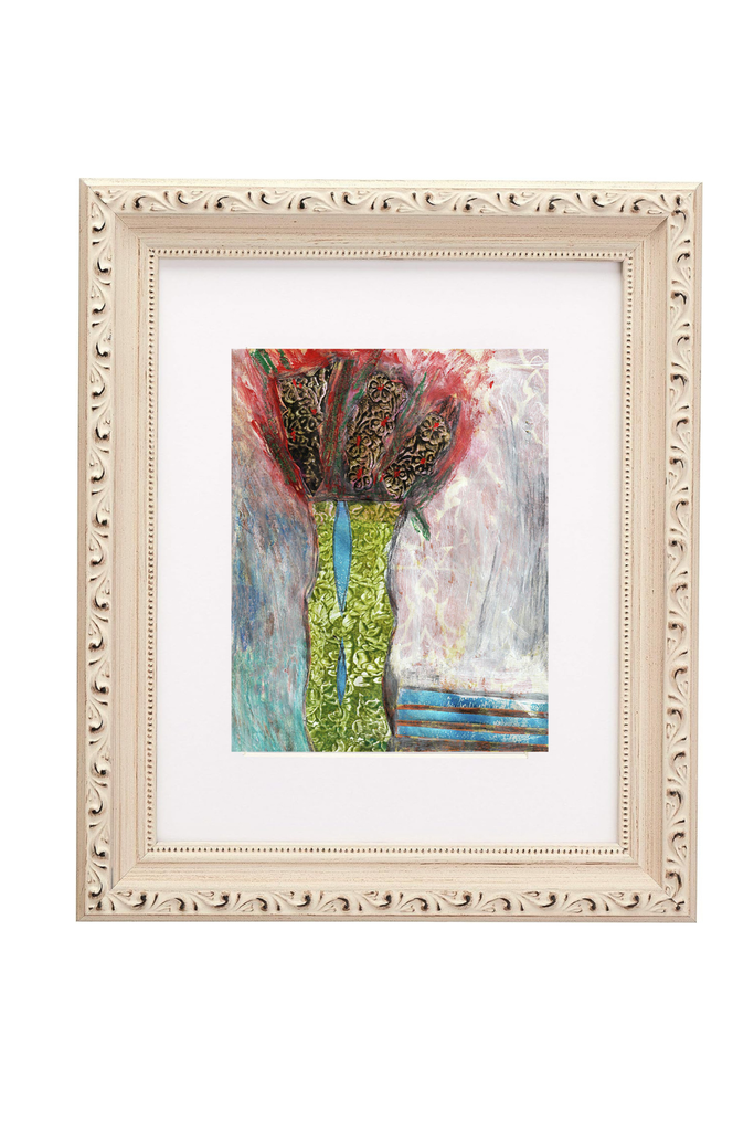 Framed abstract artwork with a decorative white frame on a white background
