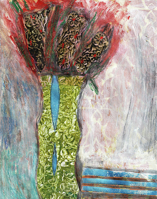 Abstract artwork with colorful patterns and shapes