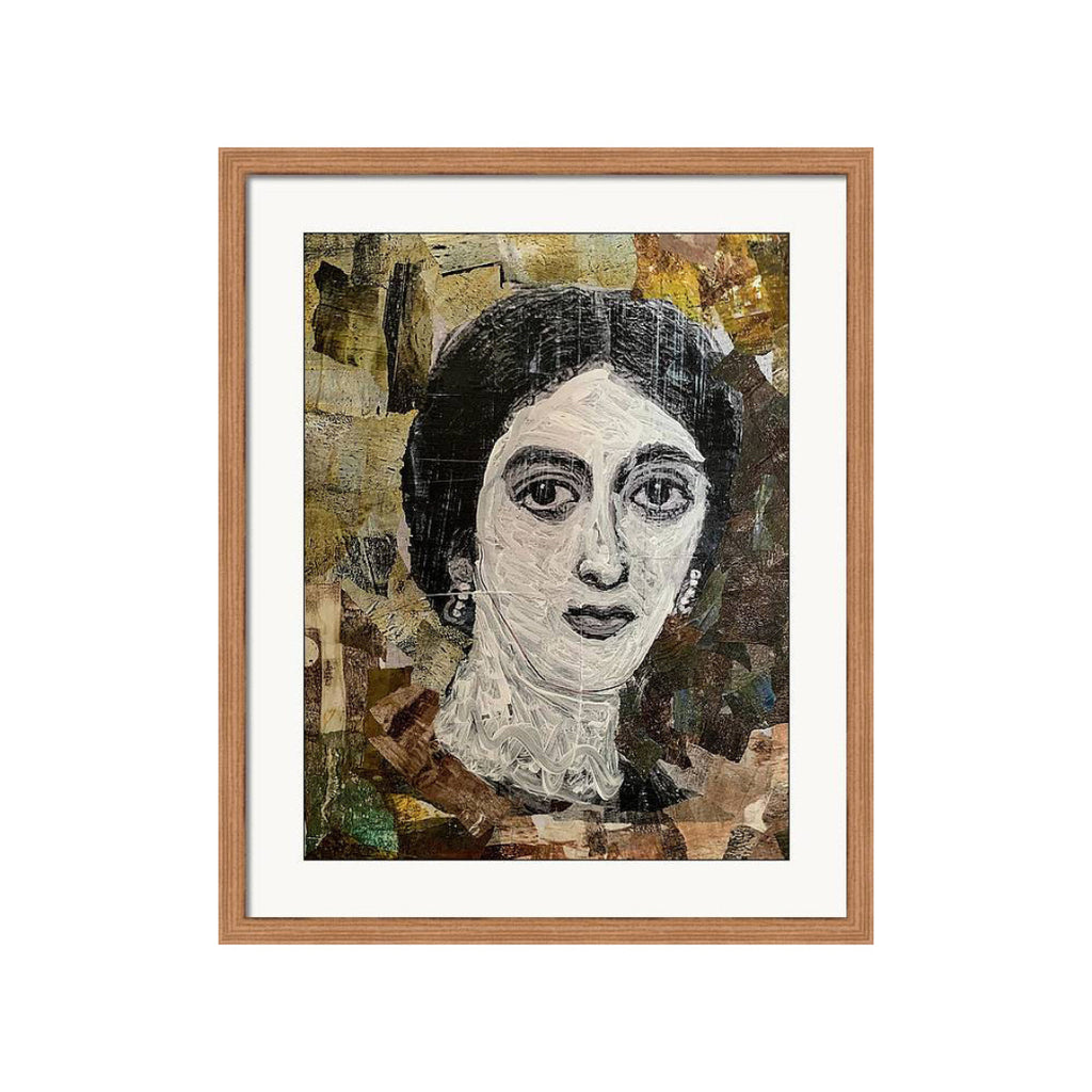 collage portrait of a woman with lace detailing around the neck, set against textured paper layers in gold, brown, and neutral tones.
