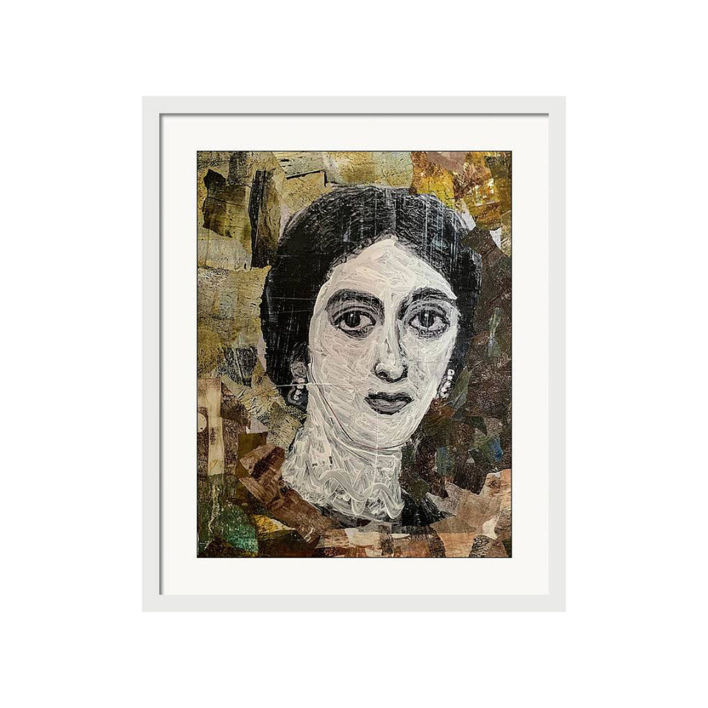 collage portrait of a woman with lace detailing around the neck, set against textured paper layers in gold, brown, and neutral tones.