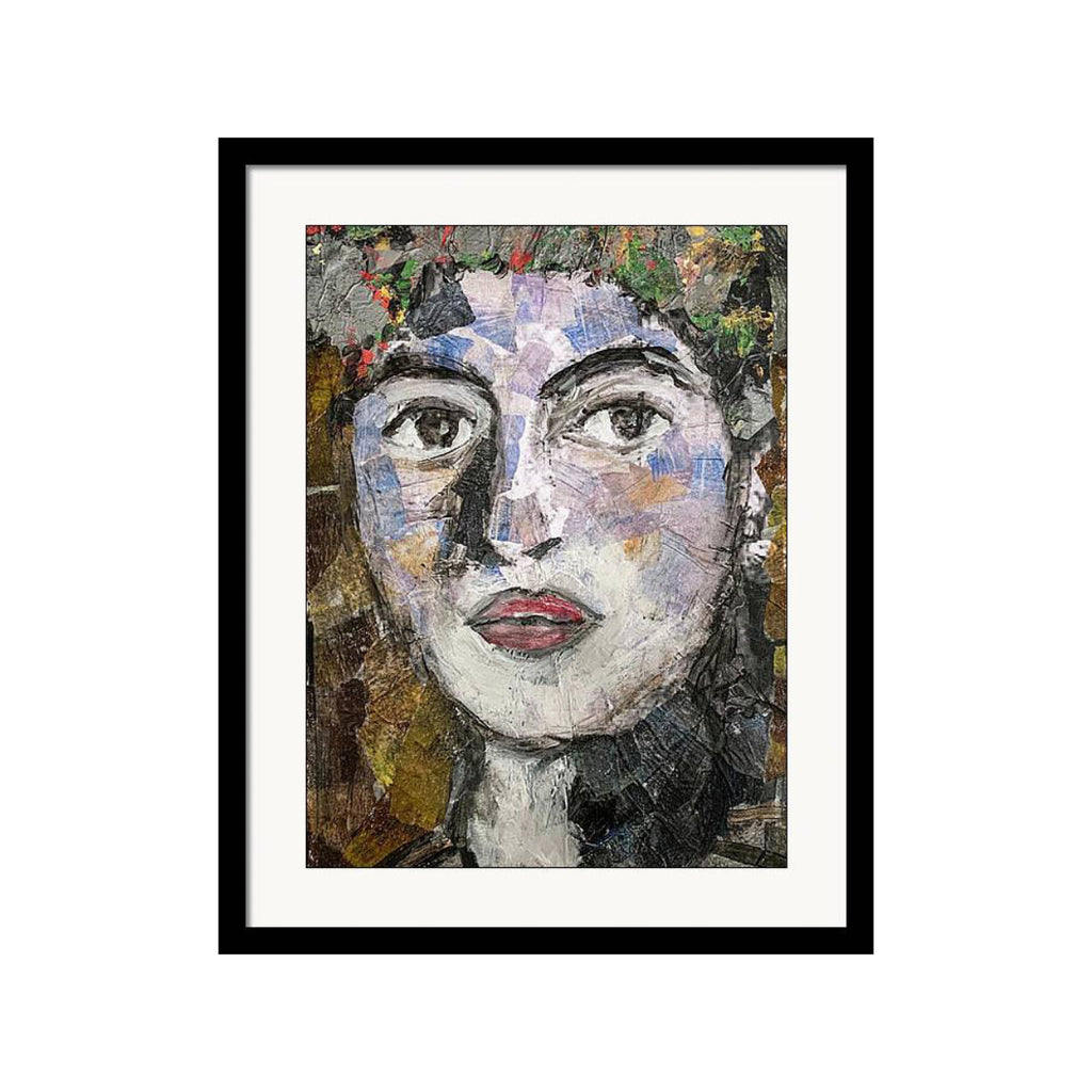 Collage portrait of a woman with red lips, expressive eyes, and a crown of abstract floral textures, created from layered hand-painted paper.