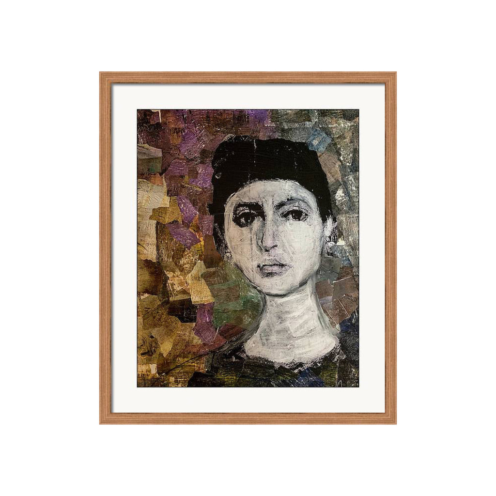 Collage portrait of a woman in grayscale with a serious expression, surrounded by layered hand-painted papers in muted purples, browns, and greens.