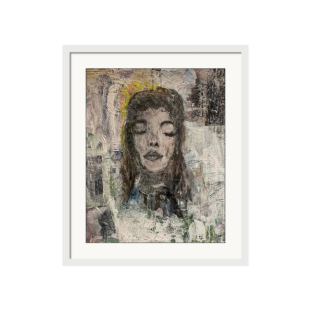 Black-and-white collage portrait of a woman with lace detailing around the neck, set against textured paper layers in gold, brown, and neutral tones.